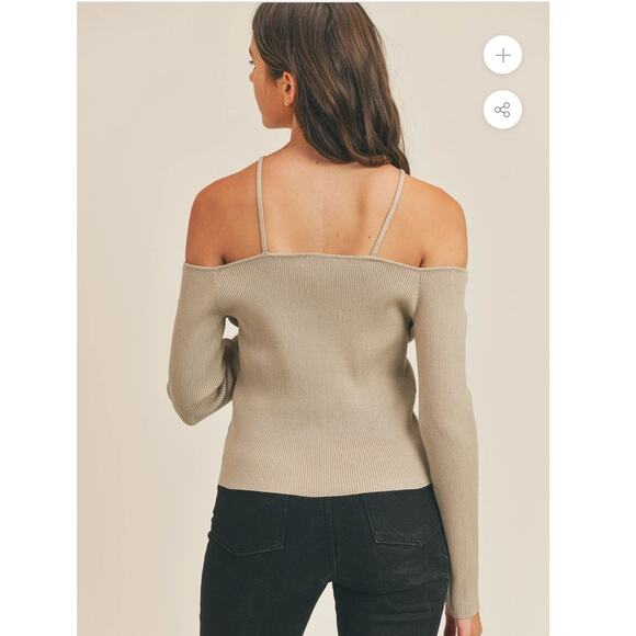 Mable ANTHRO small Monroe mocha tan off shoulder long sleeve crop strap ribbed - Picture 2 of 12